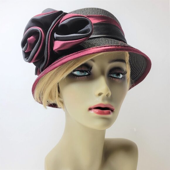 Dress Hat Adjustable in Red and Black with Satin Flower Rosette One Size - Picture 2 of 15